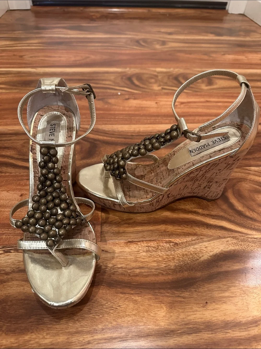 Steve Madden Metallic Gold Beaded Cork Wedge Sandals, 7